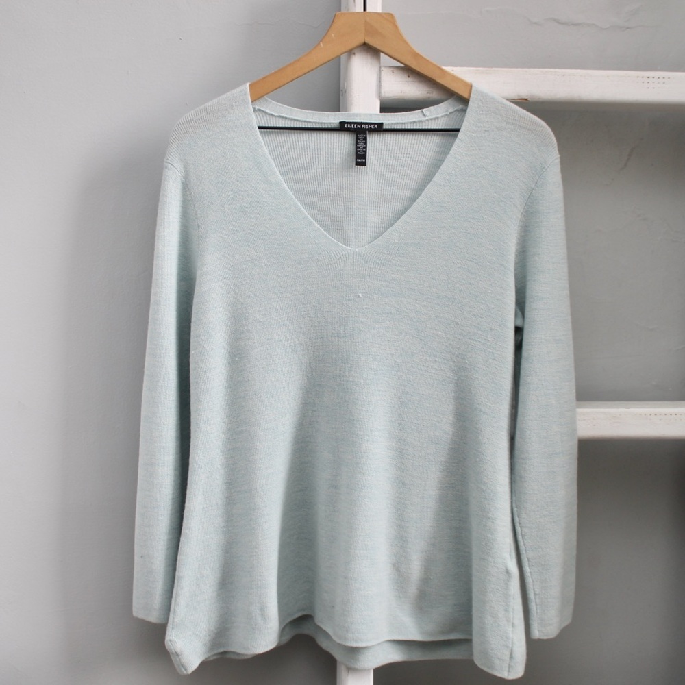 Eileen Fisher Merino Wool Knit V-Neck Pullover Tunic Light Blue Sweater Medium